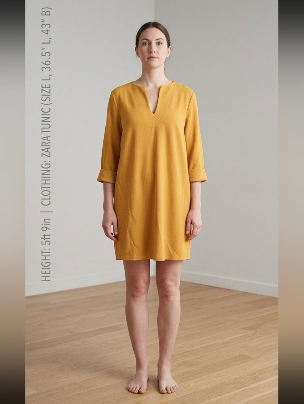ZARA Women's Mustard Yellow V-Neck Tunic Dress 3/4 Sleeves Women's Large (L)